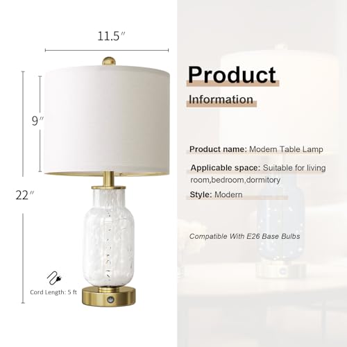 22" Glass Table Lamps Set of 2 with Night Light for Bedroom (2 Count)