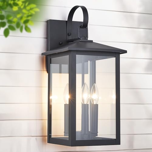 3 Light 9 inches Wide 20.5 inches High Large Wall Lantern Light with Textured Black Finish and Clear Glass New Traditional Outdoor Wall Lights for a Porch