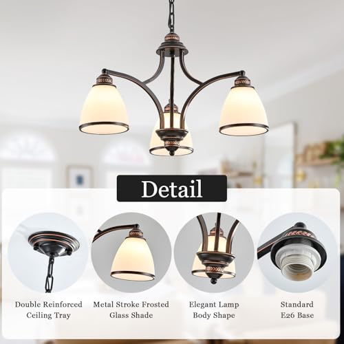 3 Light Classic Rustic Chandelier for Farmhouse with Milk White Frosted Glass Shades Black Dining Room Light Adjustable Height Ceiling Hanging Light Fixtures for Dinner Table