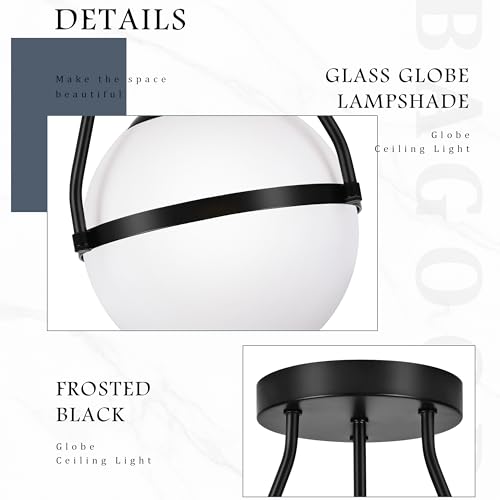 Globe Semi Flush Mount Ceiling Light Mid Century Modern 6" Globe Ceiling Light Fixture with Milk Glass Shade Black Finish for Living Room Hallway Kitchen Island Dining Room Laundry