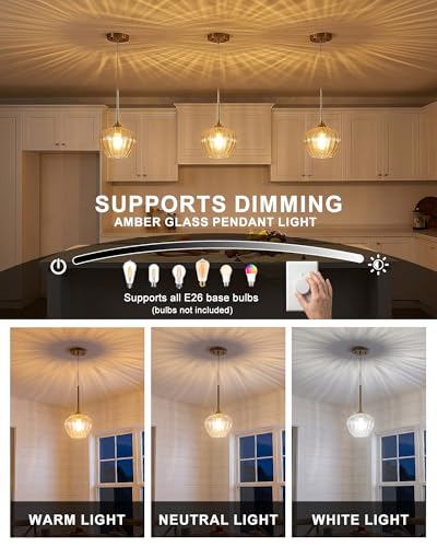 Brushed Gold Pendant Lights Kitchen Island with Ribbed Glass Shade