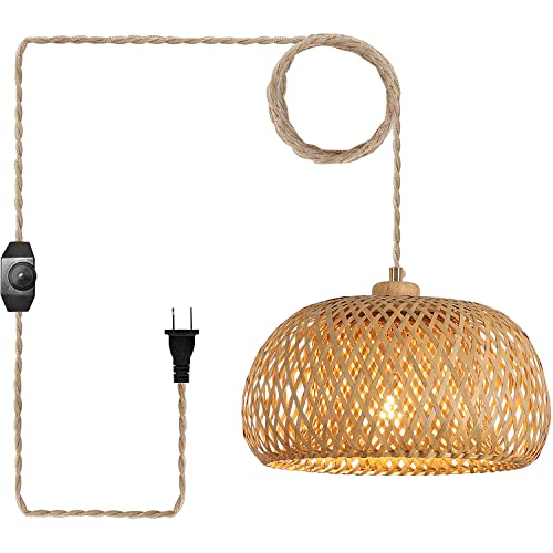 Bamboo Plug in Pendant Light with 14ft Handmade Woven Light Cord