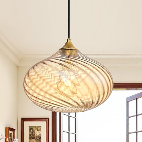 11in Gold Pendant Lights Kitchen Island with Amber Glass Shade 1Pack