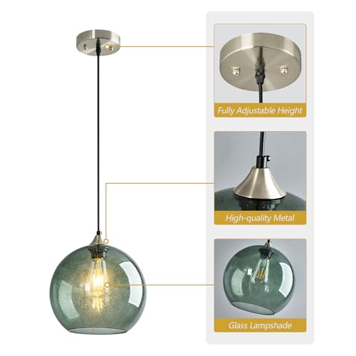 Gray Green Glass Pendant Lights Kitchen Island Lighting Globe Pendant Light Fixtures Modern Pendant Lighting for Kitchen Island Bedroom Living Dining Room Light Fixture (2 Count)