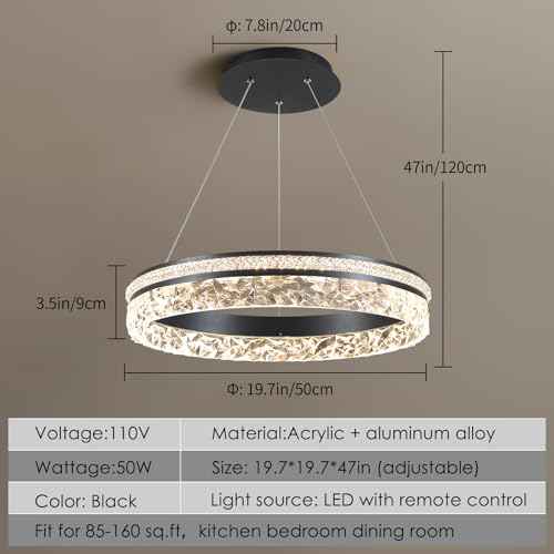 Modern LED Chandelier 1 Ring 19.7in Pendant Lighting for Kitchen Island 50W Dimmable LED Pendant Ceiling Light Black Hanging Light Fixtures with Remote for Kitchen Dining Room Bedroom Living Room