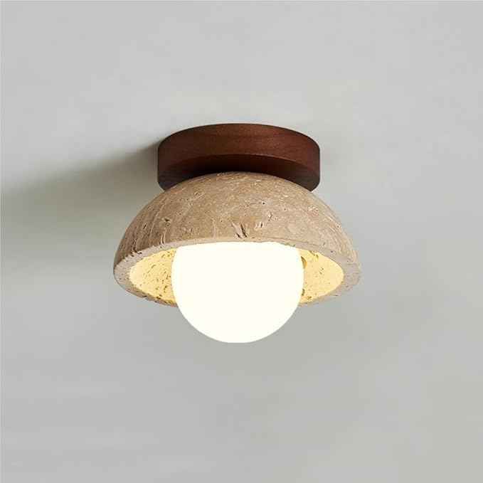 Wabi-Sabi Flush Mount Ceiling Light, Nordic Minimalist Travertine-Look Shade & Wood Base, Natural Globe LED Ceiling Lamp, Earthy Indoor Lighting for Bedroom, Hallway, Entryway Decor.