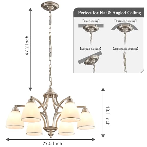6 Light Brushed Nickel Farmhouse Chandelier for Dining Room with Milk White Frosted Glass Shades Adjustable Max Length 47" Hanging Light Fixtures for Kitchen