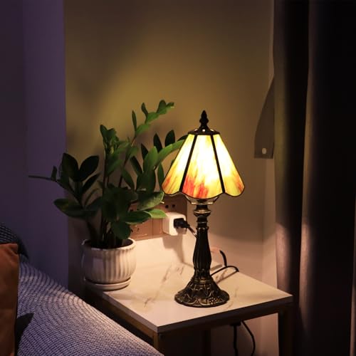 Small Tiffany Style Table Lamp Amber Green Stained Glass Lamp 14 Inch