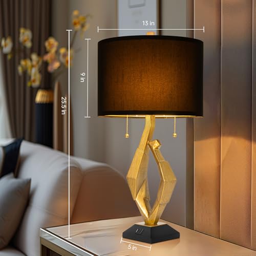 Gold Leaf Finish Table Lamp Set of 2 with USB Ports for Bedroom (2 Count)