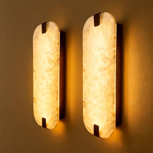 15.75" 2PCS Natural Marble Alabaster Wall Sconce Modern Hardwired Wall Light Fixture for Bedroom Marble Wall Sconce Natural Stone Material Wall Lamp for Stairs Suitable for Indoor Installation