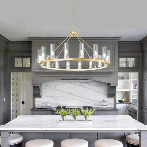 16 Light Large Wagon Wheel Chandelier with Clear Glass Shade Gold Round Pendant Light Farmhouse Industrial Chandeliers Dining Room Light Fixture for Stair Living Room Foyer Kitchen