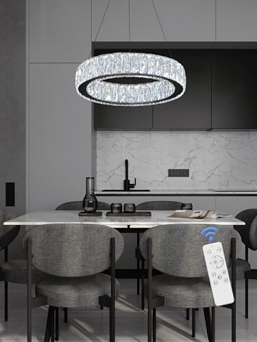Modern LED Dimmable Crystal Chandelier 15.7in Black Ring Pendant Light Adjustable Round Crystal Chandelier Light for Dining Room Living Room