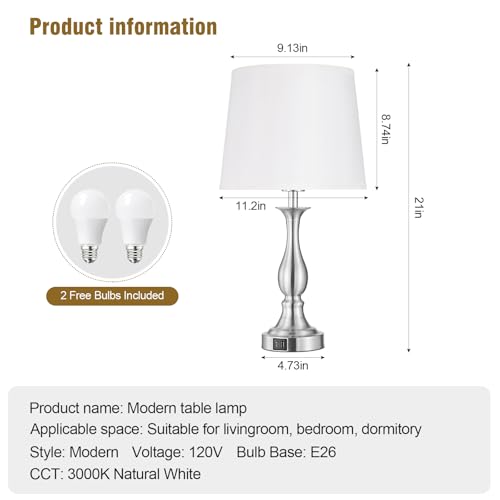 Bedside Table Lamp Touch Control Bedroom Lamps with USB A + C Charging Port 3 Way Dimmable Touch Lamps for Nightstand Living Room Bedroom Dorm Home Office Reading (2 Count)