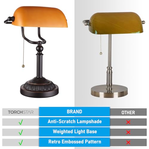 Amber Glass Bankers Desk Lamp with Pull Chain