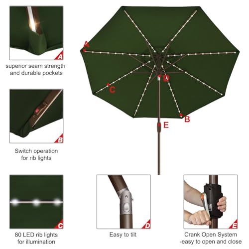 USA 10-Year-Non-Fading 9ft Market Patio Umbrella, Commercial Grade Table Sun Umbrella with 80 Solar LED Lights, Crank Open, Windproof & UPF 50+ UV Protection for Garden, Deck, Pool, Backyard, Fern