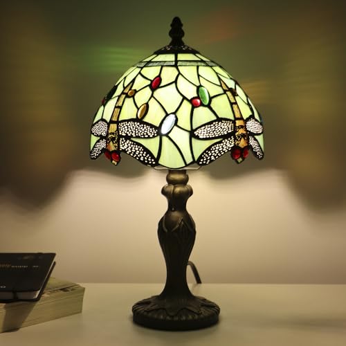 Tiffany Table Lamp Dragonfly Style Grass Green Stained Glass Accent Lamp Bronze Resin Base 8X8X14 Inch