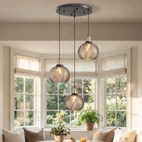 3 Light Vintage Amber Striped Glass Cluster Pendant Light