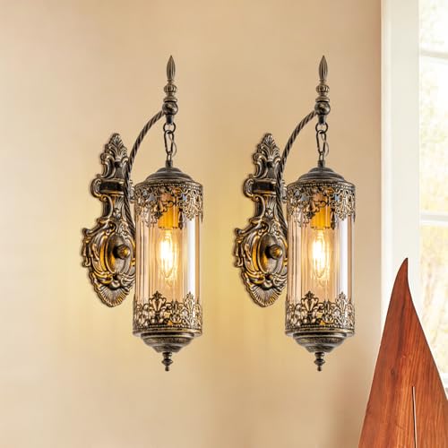 Antique Gothic Amber Glass Wall Sconce for Bedroom (2 Count)