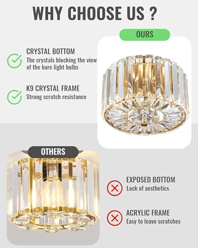 8.89-Inch 2-Light Gold Crystal Flush Mount Ceiling Light Fixture