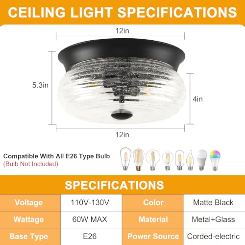 Black Flush Mount Ceiling Light Fixtures (Matte Black + Clear Air Bubble Glass(No Assembly Required))