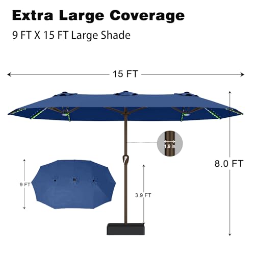 15FT Large Rectangular Patio Umbrella with Solar Lights