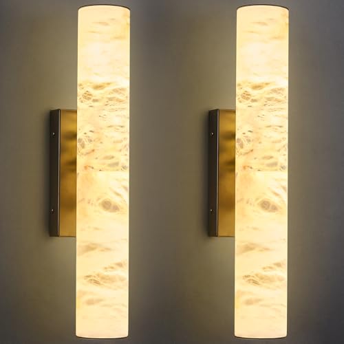 Natural Alabaster Wall Sconces Set of Two Spanish Marble Wall Light Cylinder Modern Black LED Sconce for Living Room Bedroom Bathroo Stairs（S (2 Count)