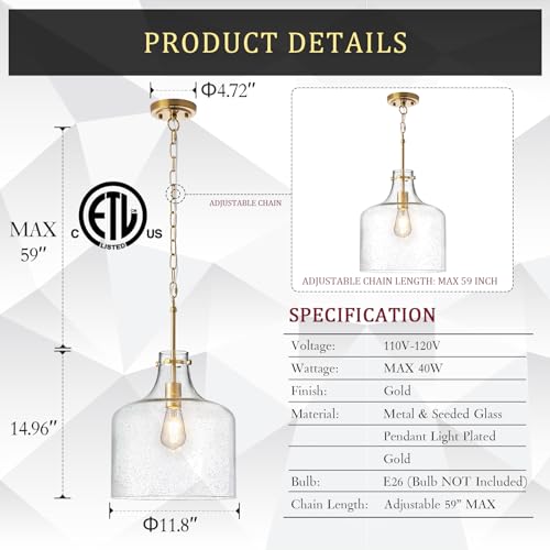 12" Farmhouse Seeded Glass Pendant Light