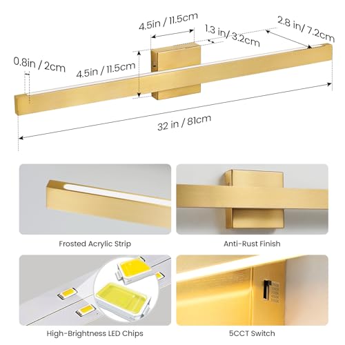 Modern Bathroom Vanity Light Gold Bathroom Light Fixture Over Mirror 32 Inch 26W Dimmable 5CCT LED Vanity Light Bar for Bathroom Mirror Cabinets Bedroom