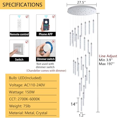30 Light 197'' High Ceiling Chandeliers Modern Crystal Chandeliers for Entryway Long Spiral LED Dimmable Chandelier Flush Mount Ceiling Staircase Foyer Living Room Sloped ceilings Light Fixture