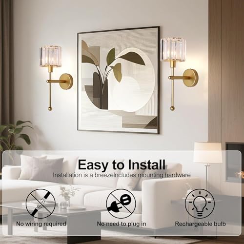 Modern Glass Crystal Wall Sconces Battery Operated Set of 2