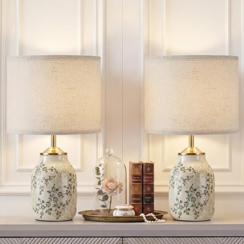 2 Pcs 21" Vintage Green Ceramic Lamp with Beige Linen Shade (2 Count)