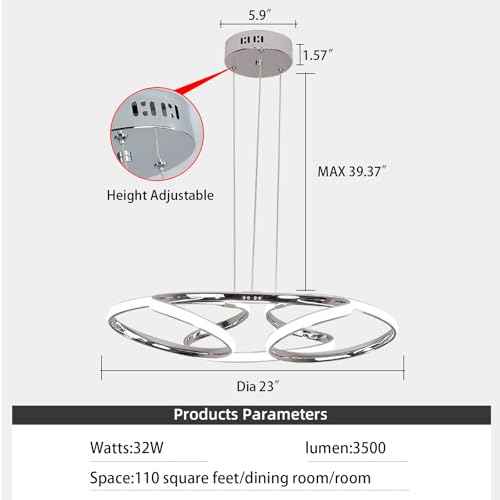 23 inch Modern Chandelier for Dining Room, Kitchen Chandelier & Entryway, Dimmable LED Pendant Light with Adjustable Height, 32W for Hallway, Living Room, Bedroom (Chrome M)