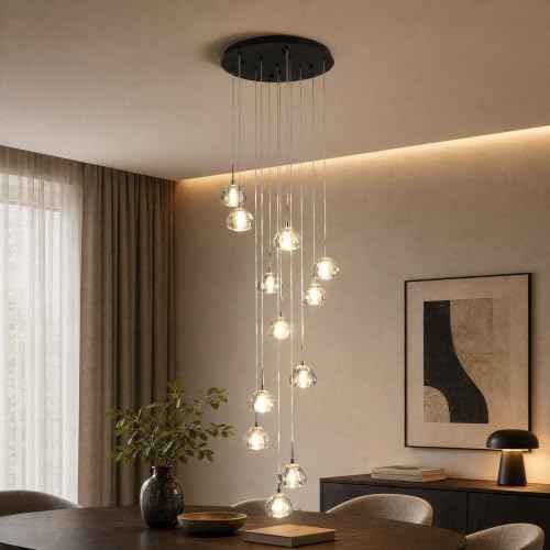 Modern LED High Ceiling Chandelier,12-Light Fixture Crystal Hanging Lamp Dining Room Dimmable Adjustable Luxury Pendant Lights for Living Dinning Room Hallway Foyer Staircase Entryway
