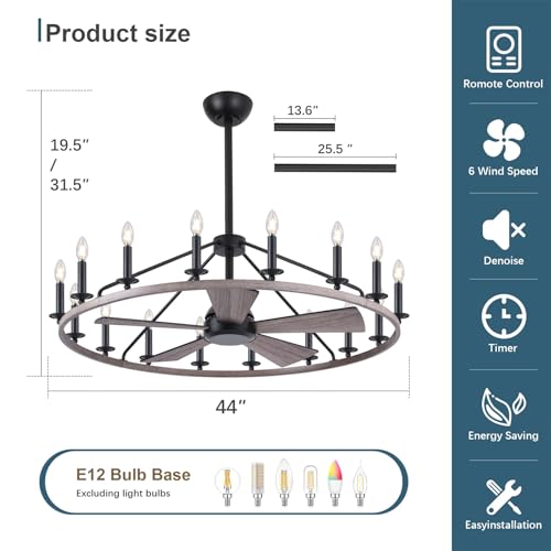 44" Wagon Wheel Chandelier with Fans