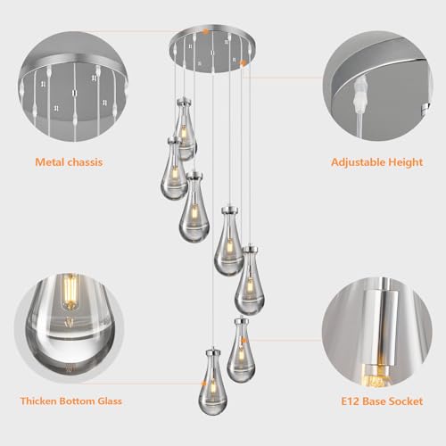 Raindrop Pendant Lights Kitchen Island Teardrop Chrome Hanging Light Fixtures Clear Solid Glass Pendant Light Modern Chandeliers for Dining Room Porch Corridor Living Room