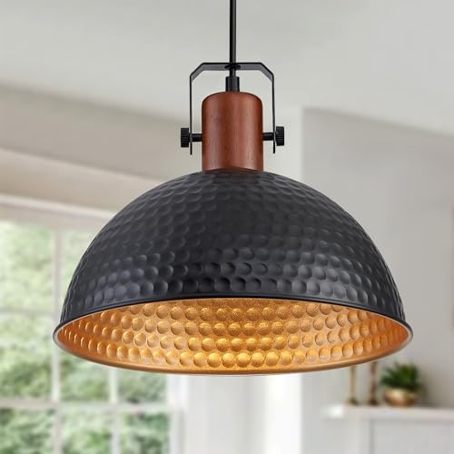 12 Inch Black Pendant Lights Hammered Matte Pendant Lights for Kitchen Island Industrial Farmhouse Adjustable Height Dome Hanging Light Fixtures for Barn (3 Count)