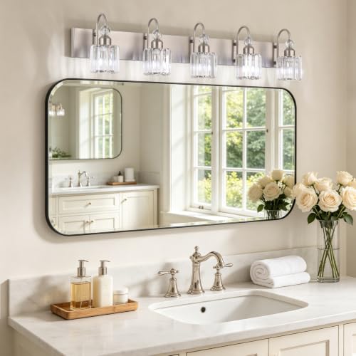 Crystal Bathroom Vanity Light Brushed Nickel Modern 5 Light Bathroom Wall Lighting Fixtures Over Mirror
