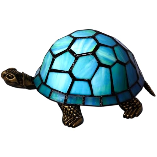 Tiffany Tortoise Lamp Small Stained Glass 8X5X4 Inch Blue Green