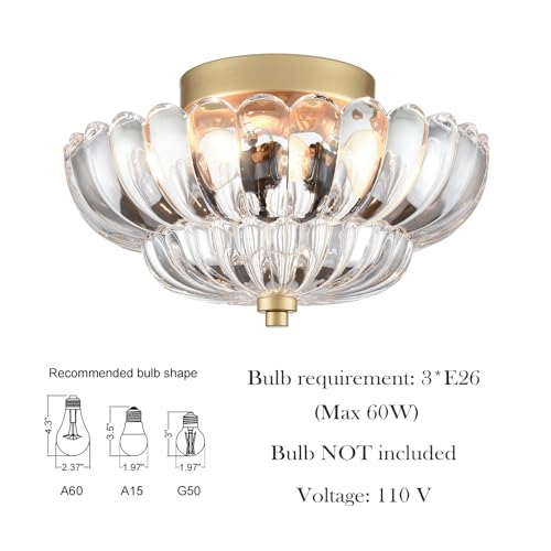 Gold Ceiling Light Fixture with Scalloped Clear Glass Shade