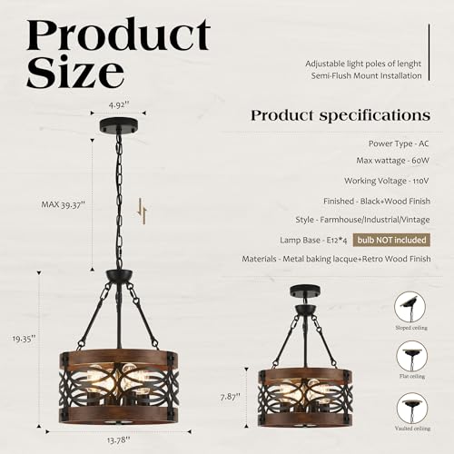 4 Light Farmhouse Drum Wood Pendant Light 13.8'' Vintage Rustic Brown Oak Wood Chandeliers (4 Count)