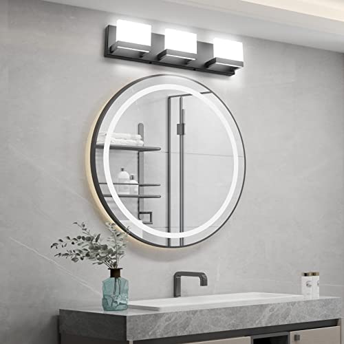 3 Lights Black Dimmable LED Vanity Light for Bathroom Up and Down Black Modern Bathroom Wall Light Fixtures Over Mirror