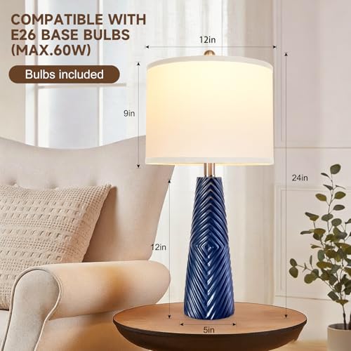 Nightstand Lamp Bedside Lamps Set of 2 Vintage Rustic Farmhouse Table Lamp 3 Way Dimmable Horizontal Stripe Light
