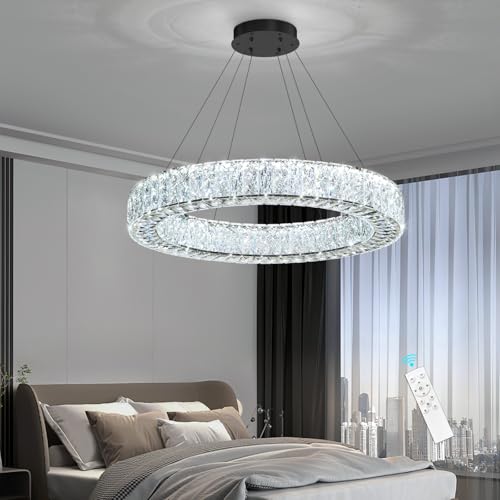 Modern Round Crystal Chandelier Dimmable LED Hanging Light Fixture with Remote for Living Room Dining Room Bedroom Black