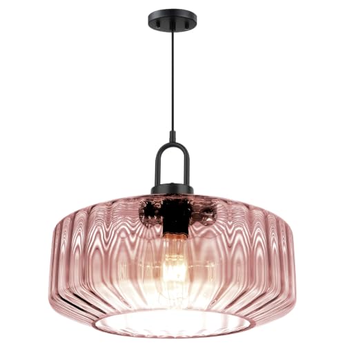 Large Glass Pendant Light Ribbed Pink Ceiling Hanging Light Fixture