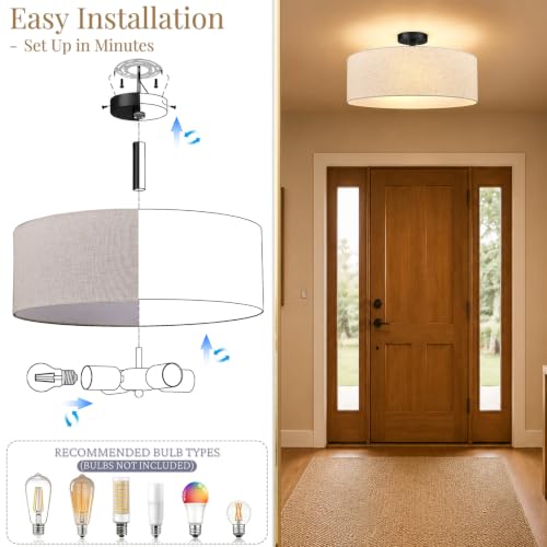 20 Inch Drum Semi Flush Mount Ceiling Light Fixture Black