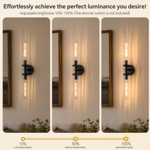 Bathroom Sconce 24in Black Sconce with Water Ripple Glass