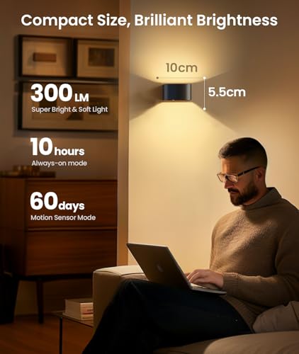 Motion Sensor Wall Light with Remote Control 3 Colors Wireless Wall Lamp LED Indoor Up and Down Wall Sconce 5000mAh Rechargeable Battery Powered Wall Lamps Brightness Adjustable (2 Count)