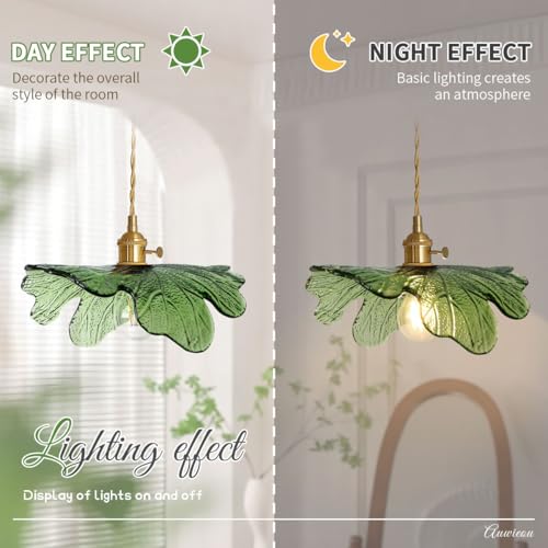 Green Glass Pendant Light Kitchen Flower Ceiling Light Fixture with Leaves Glass Shade (2 Count)