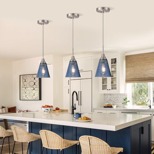5.9" Glass Pendant Light Dark Blue Seeded Glass Hanging Light