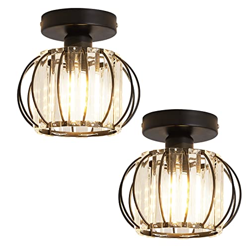 2 Pack Semi Flush Mount Ceiling Light Fixture Modern Small Crystal Chandelier Mini Indoor Ceiling Lamp for Bathroom Hallway Foyer Porch Hall Closet（Black） (2 Count)